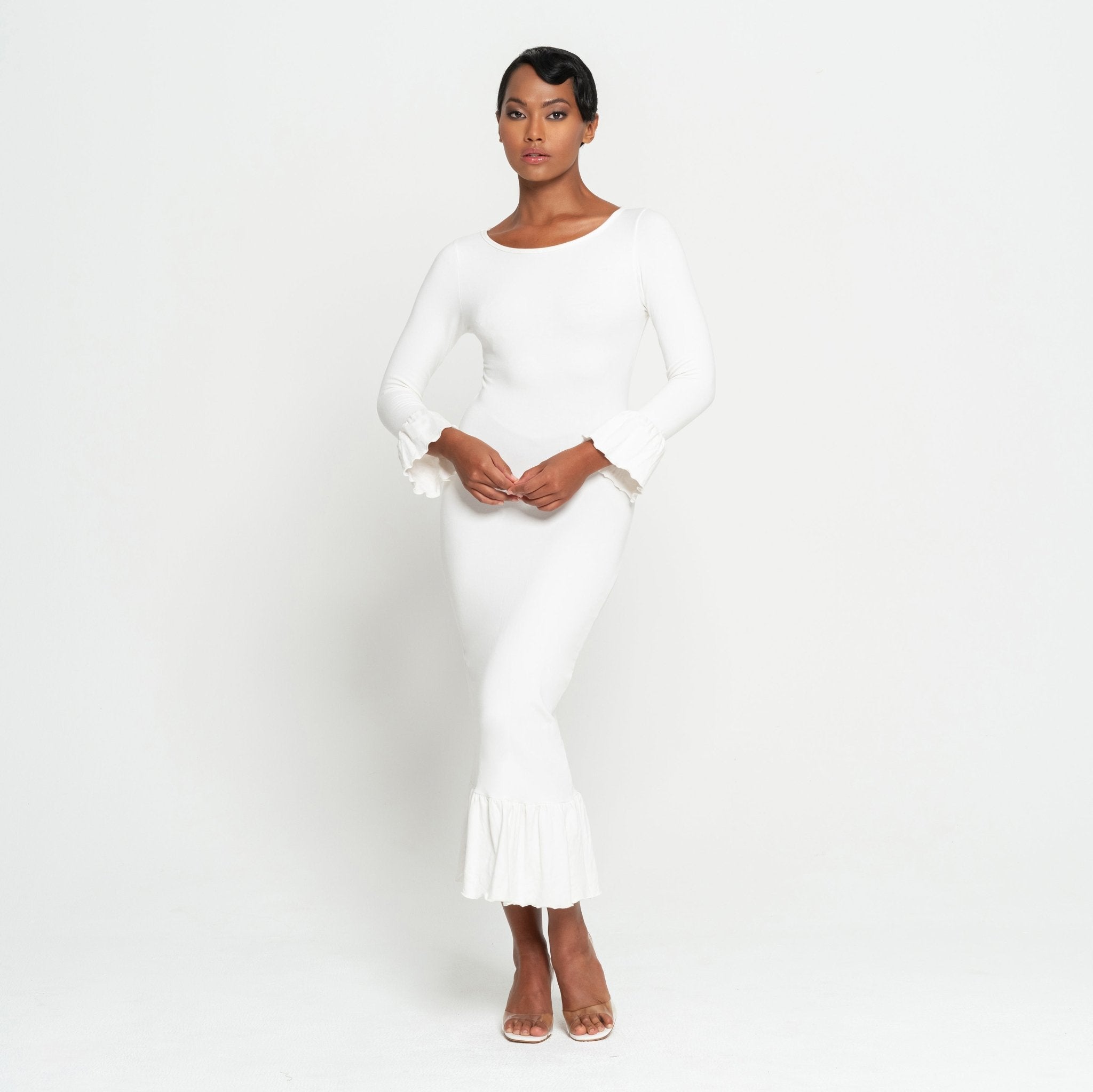 MARJORIE Bamboo Ruffle Dress In Off - white - Che Cose Belle