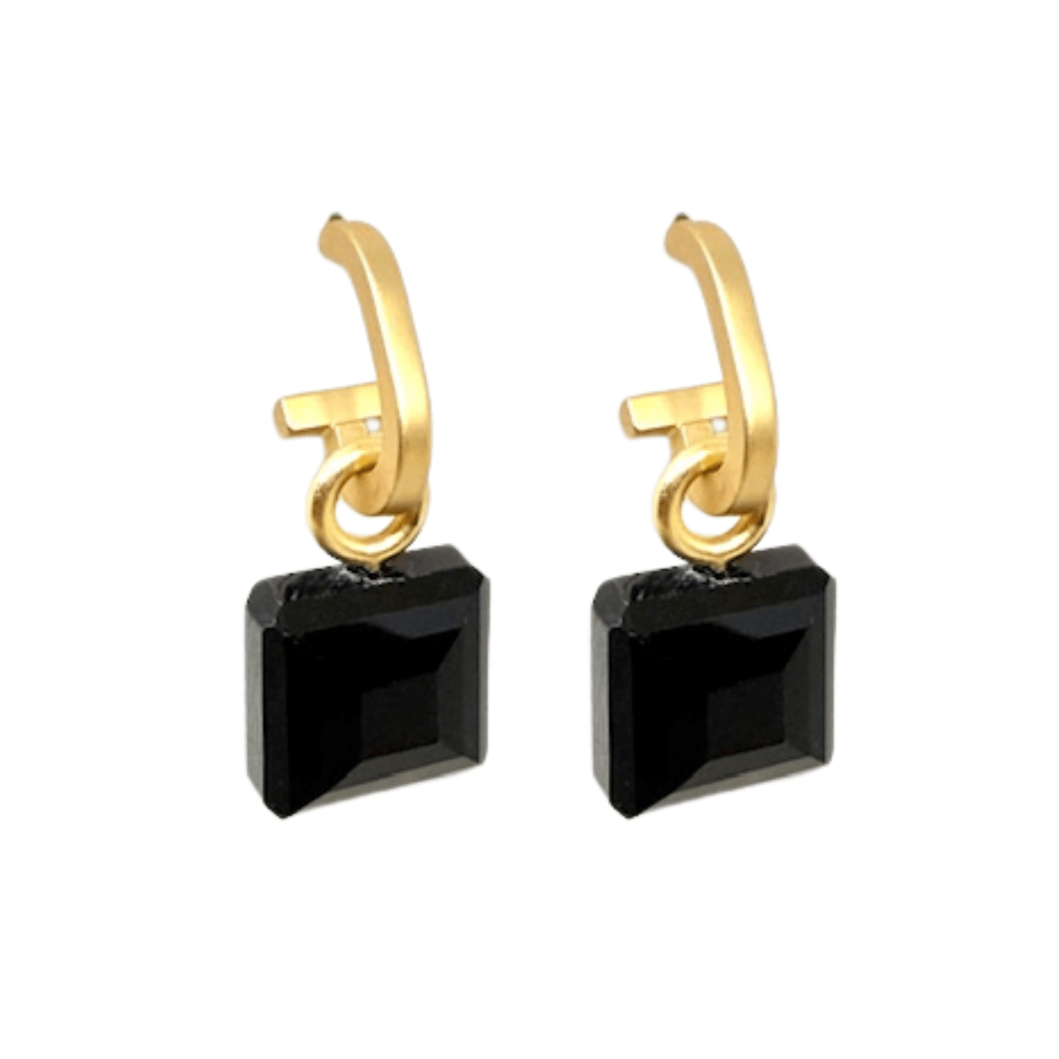 Matte Gold Paperclip and Black Square Crystal Charm Earrings - Che Cose Belle