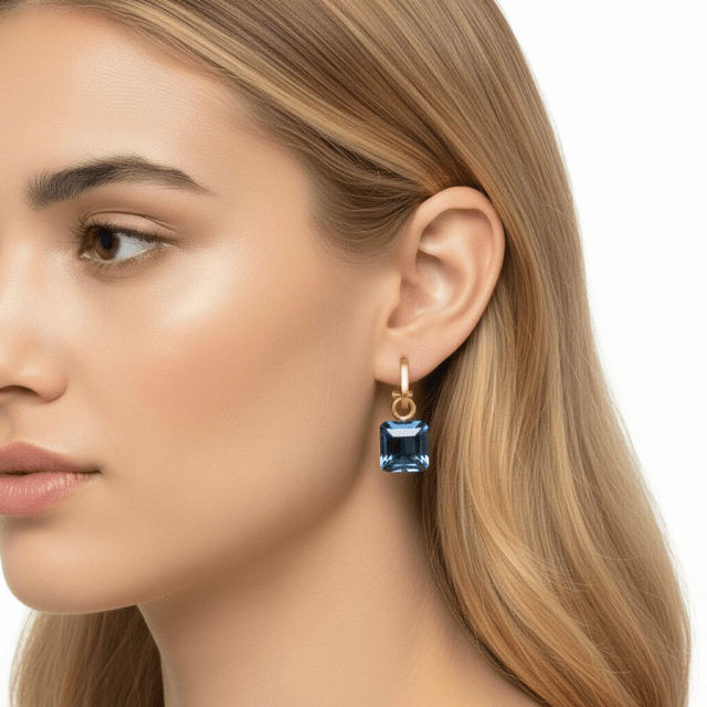 Matte Gold Paperclip and Blue Square Crystal Charm Earrings - Che Cose Belle
