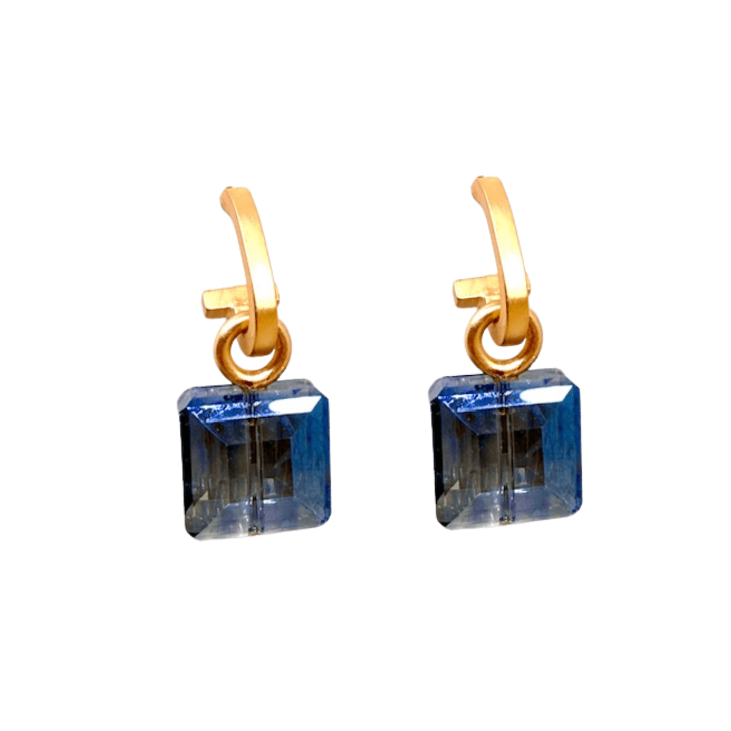 Matte Gold Paperclip and Blue Square Crystal Charm Earrings - Che Cose Belle