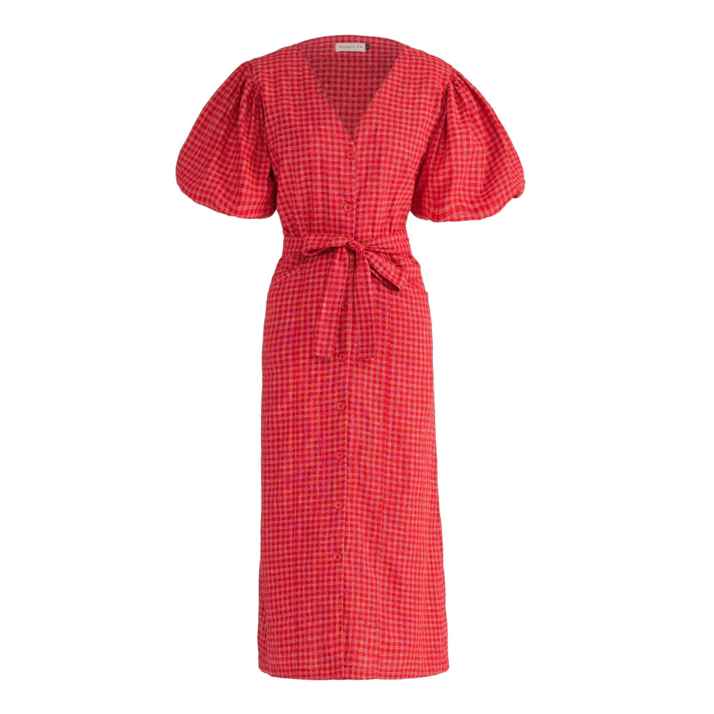 MEGHAN Gingham Hemp Midi Dress In Scarlet Red - Che Cose Belle