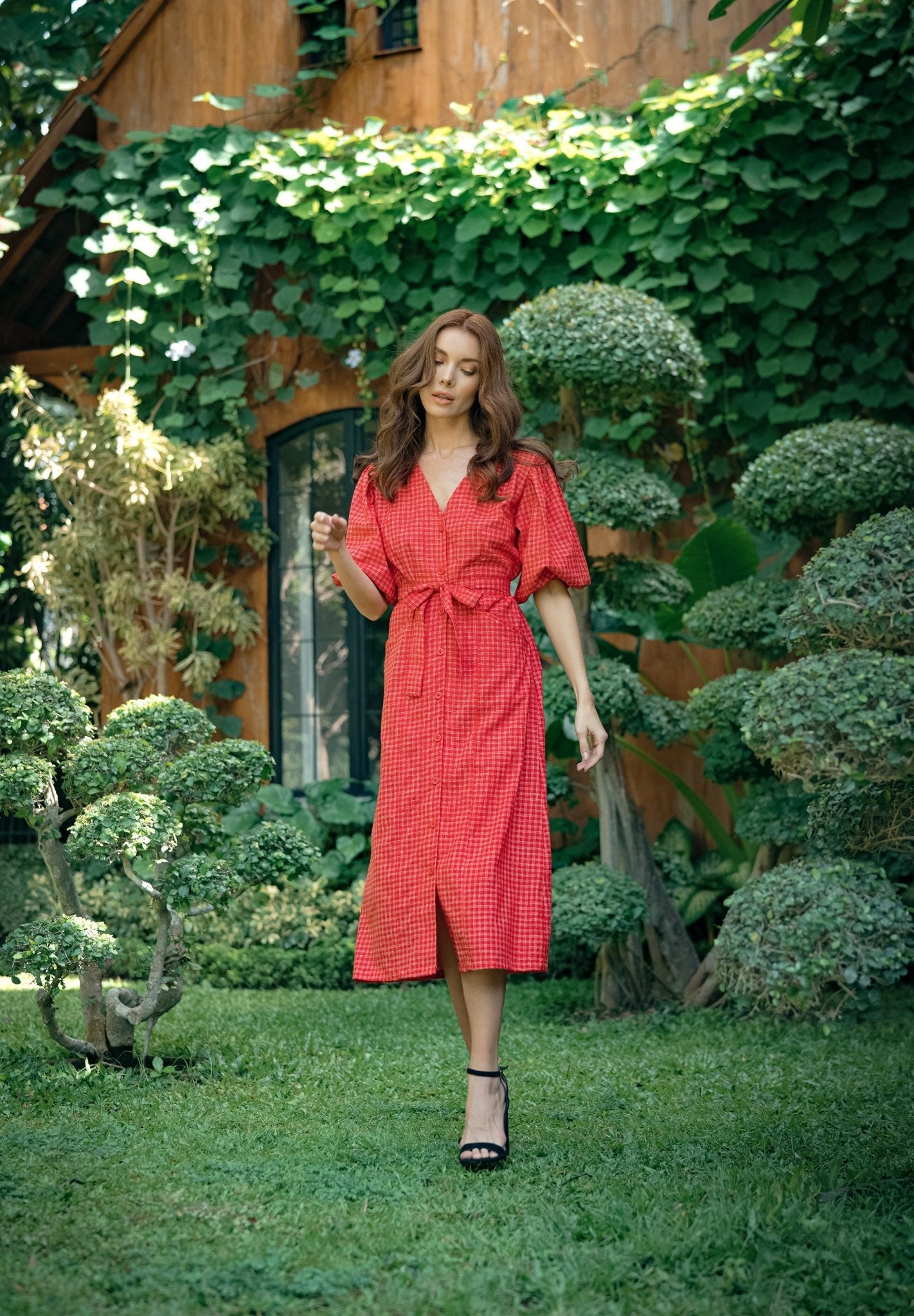 MEGHAN Gingham Hemp Midi Dress In Scarlet Red - Che Cose Belle