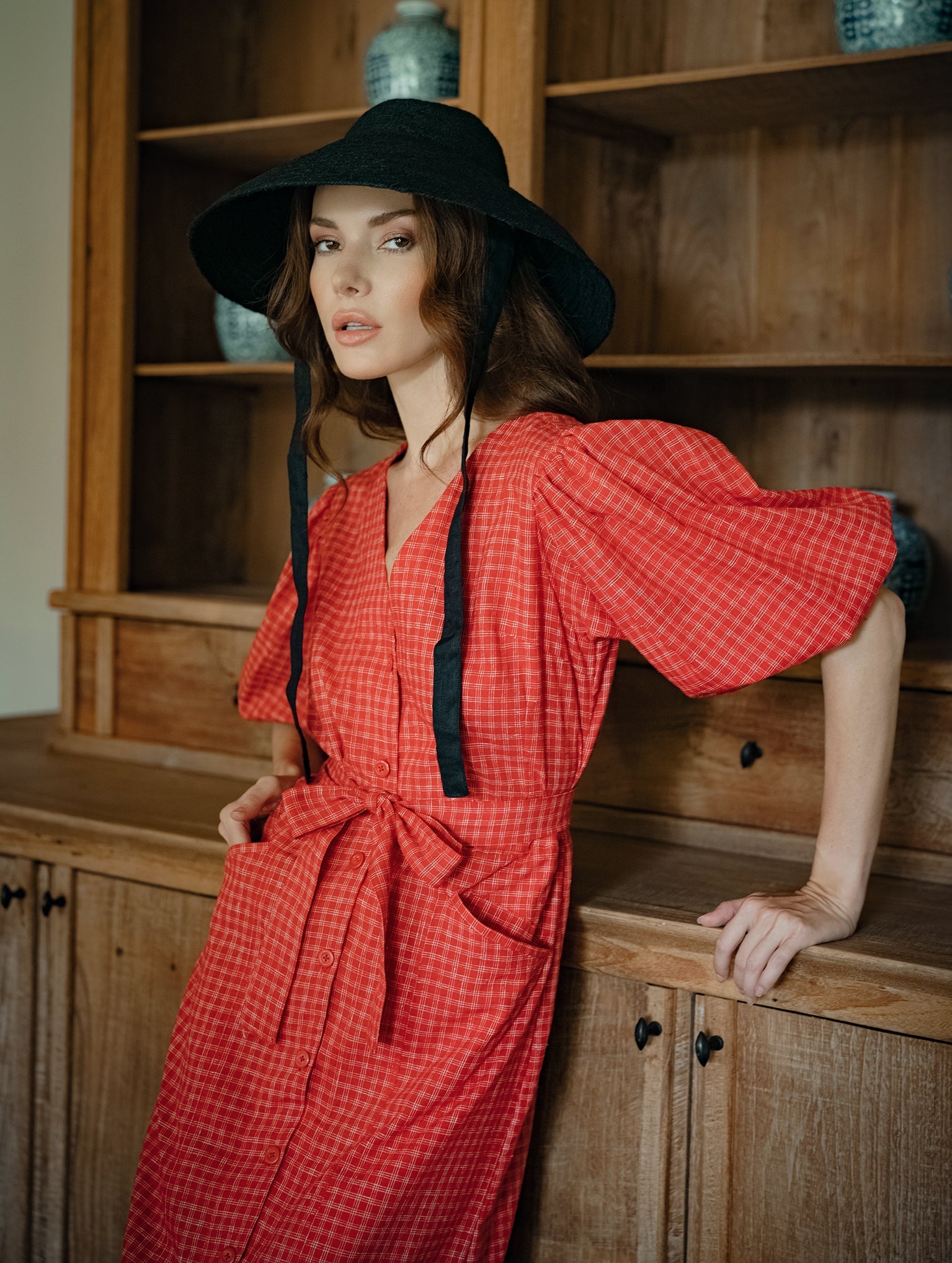 MEGHAN Gingham Hemp Midi Dress In Scarlet Red - Che Cose Belle