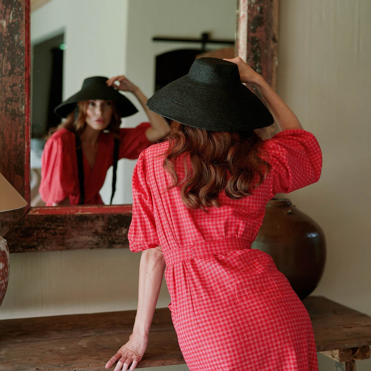 MEGHAN Gingham Hemp Midi Dress In Scarlet Red - Che Cose Belle