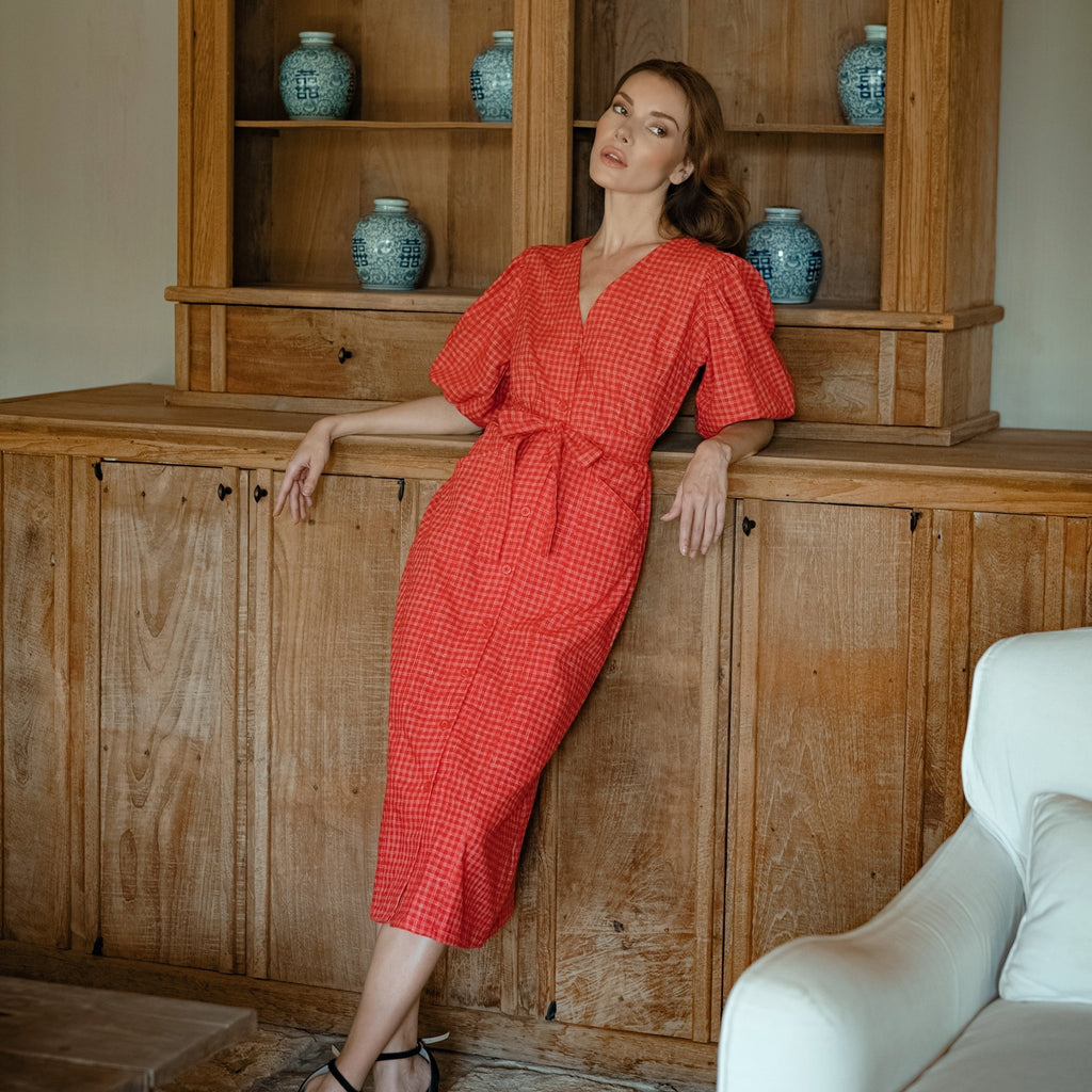 MEGHAN Gingham Hemp Midi Dress In Scarlet Red - Che Cose Belle