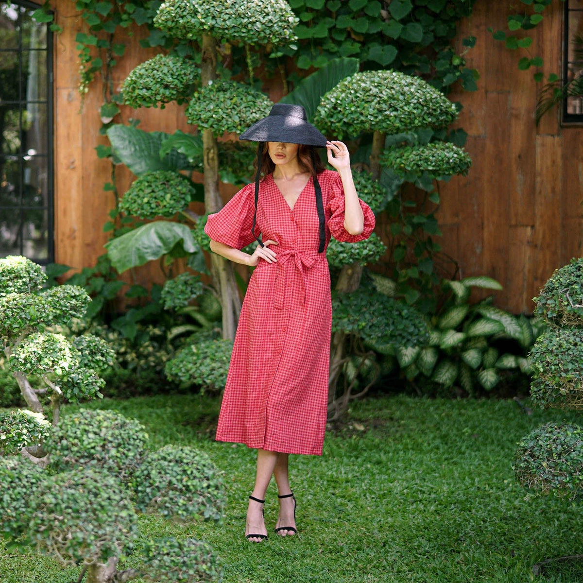 MEGHAN Gingham Hemp Midi Dress In Scarlet Red - Che Cose Belle