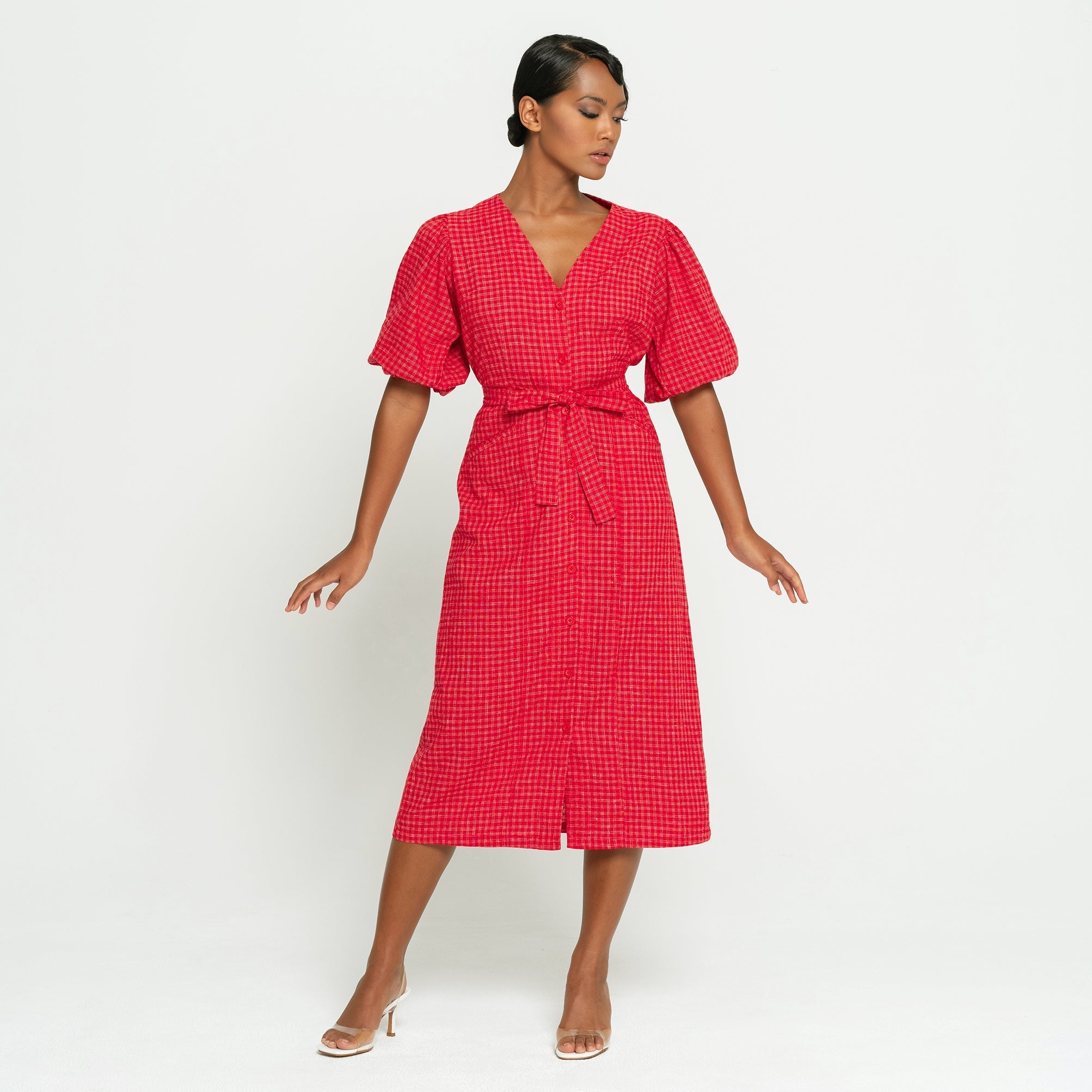 MEGHAN Gingham Hemp Midi Dress In Scarlet Red - Che Cose Belle