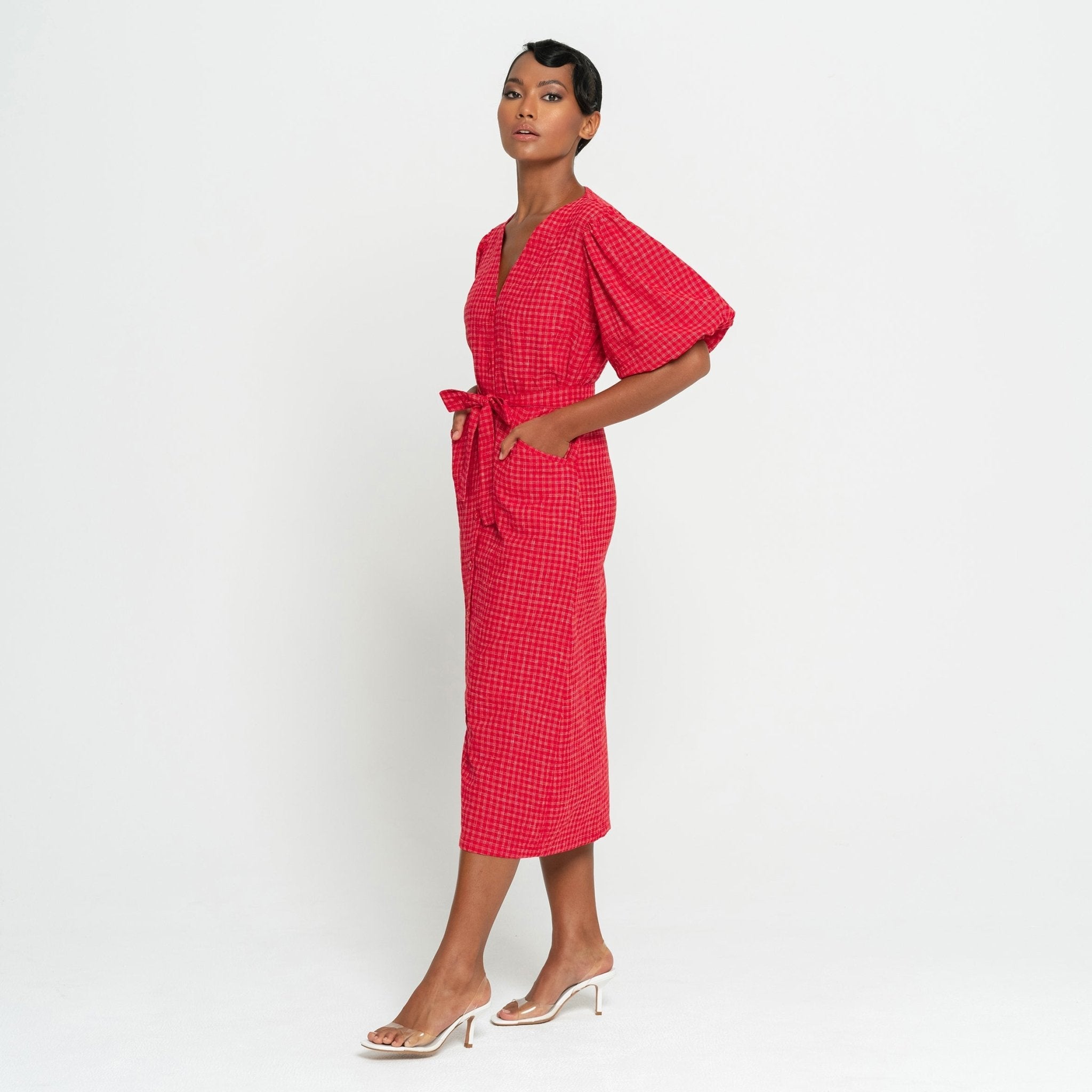 MEGHAN Gingham Hemp Midi Dress In Scarlet Red - Che Cose Belle