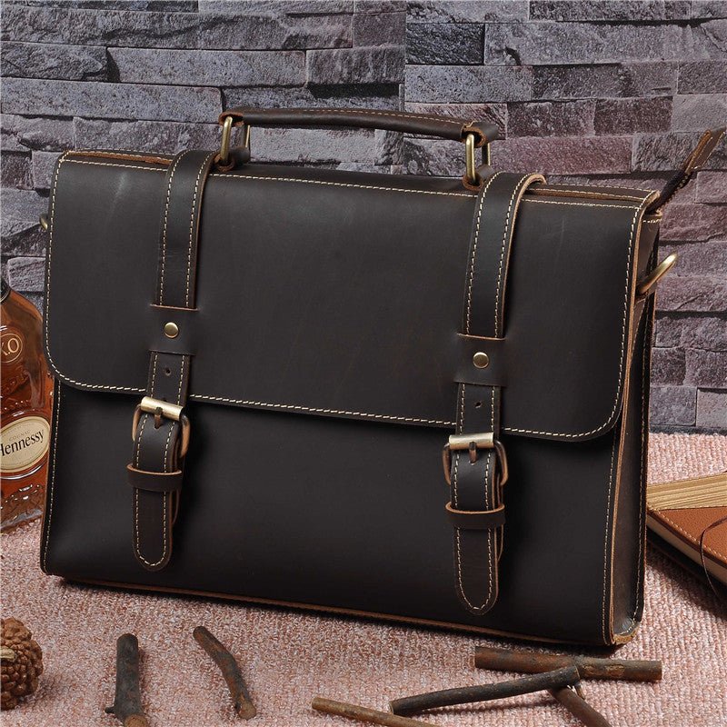 Mens Genuine Leather Cowhide Crazy Horse Leather Handbag - Che Cose Belle