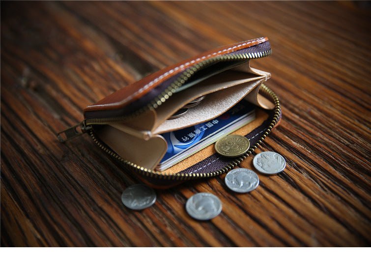 Men's Handmade Retro First Layer Cowhide Zipper Short Coin Purses - Che Cose Belle