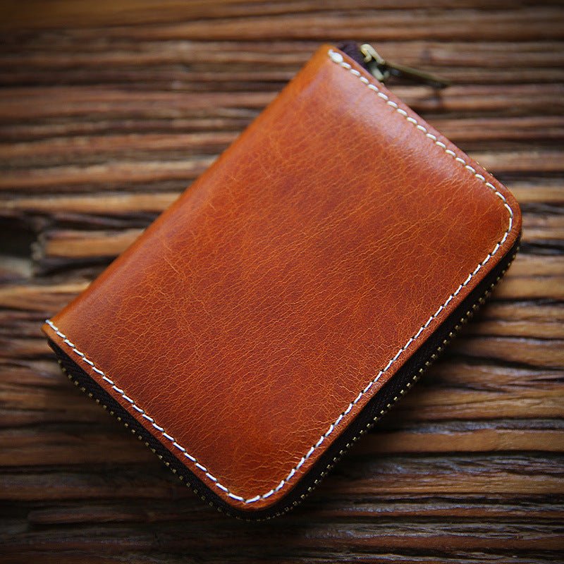 Men's Handmade Retro First Layer Cowhide Zipper Short Coin Purses - Che Cose Belle