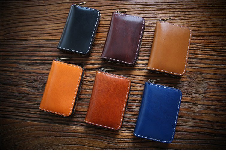 Men's Handmade Retro First Layer Cowhide Zipper Short Coin Purses - Che Cose Belle