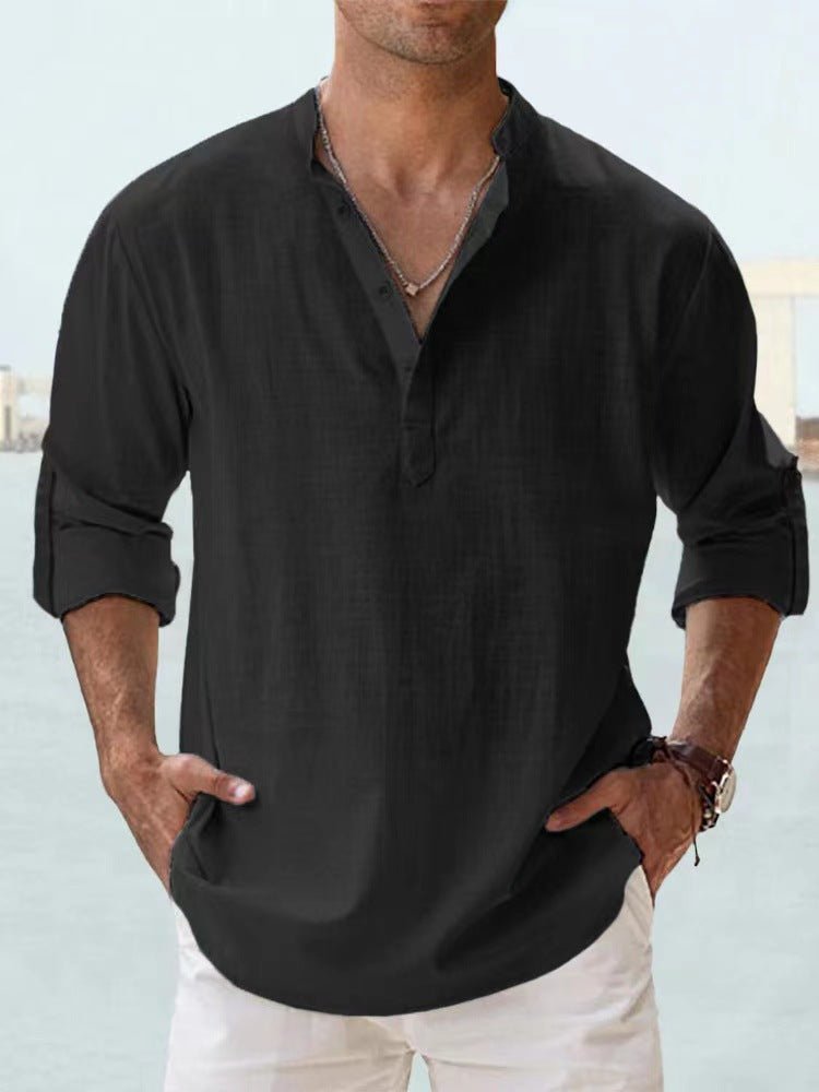 Men's Long Sleeve Stand Collar Shirt — Cotton, 10 Colors, XS–5XL - Che Cose Belle