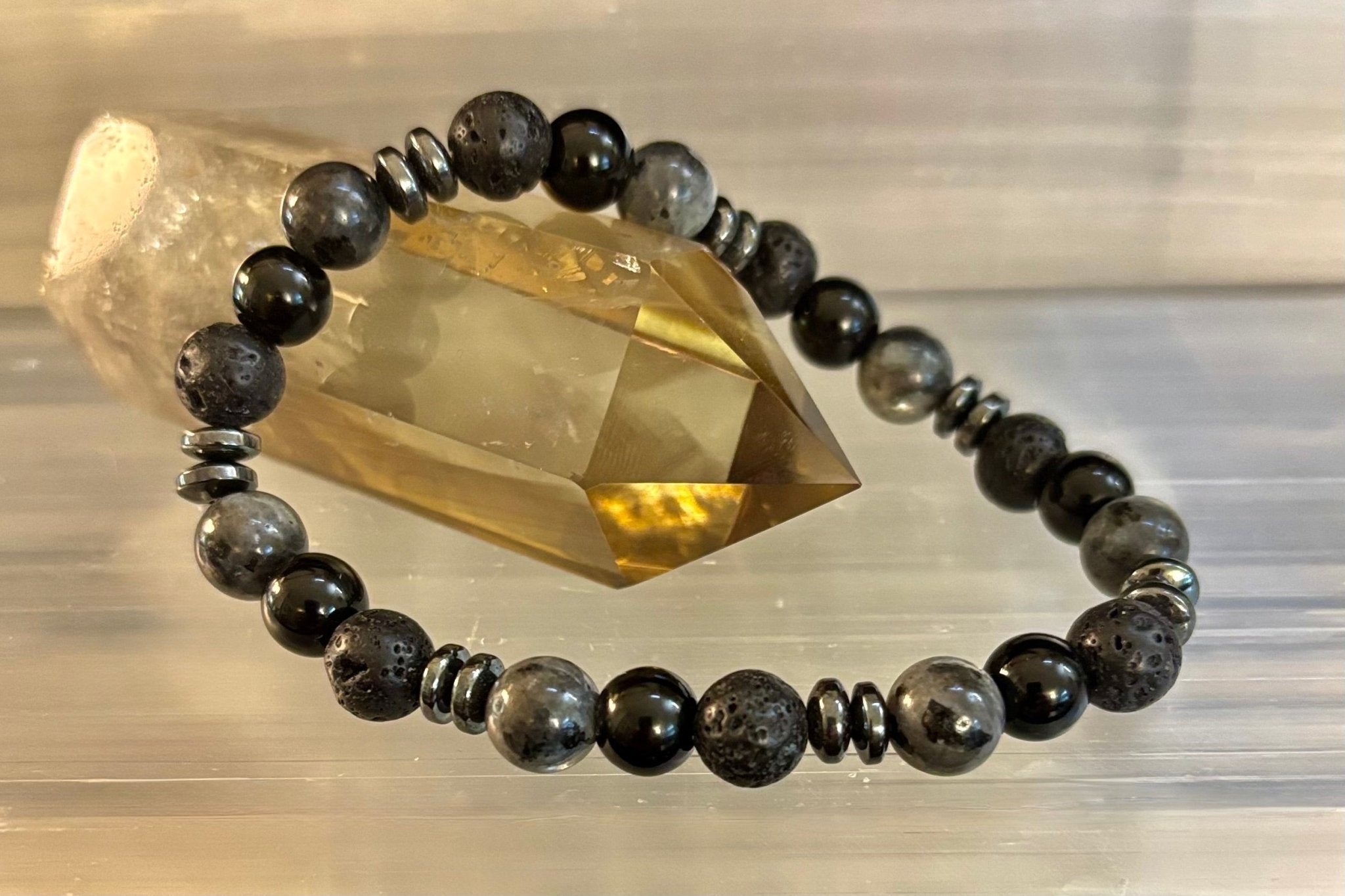 Men's Mystic Warrior Bracelet – Labradorite, Black Onyx & Lava Rock with Black Metal Spacers (Fits Large Wrists) - Che Cose Belle