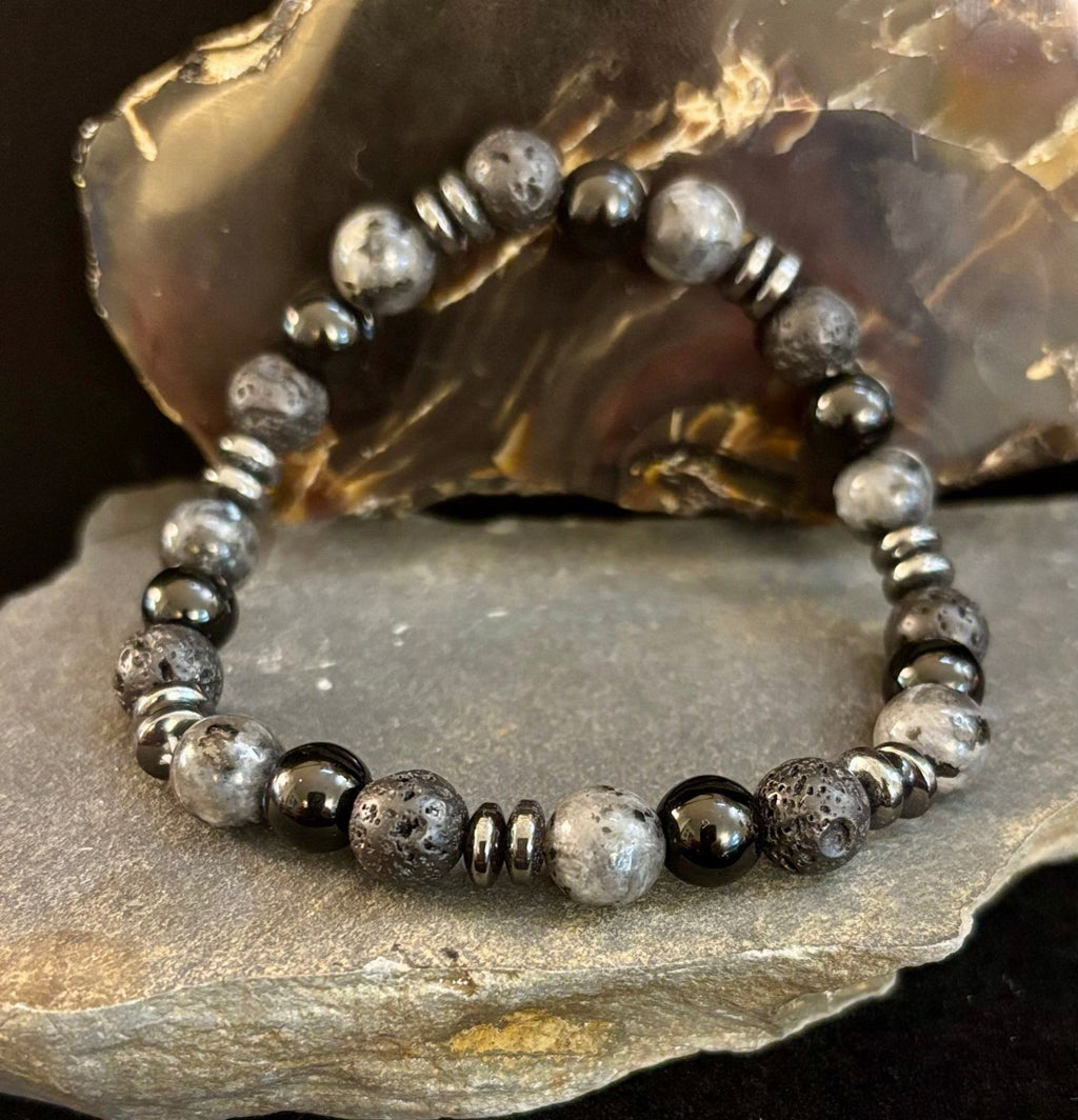 Men's Mystic Warrior Bracelet – Labradorite, Black Onyx & Lava Rock with Black Metal Spacers (Fits Large Wrists) - Che Cose Belle