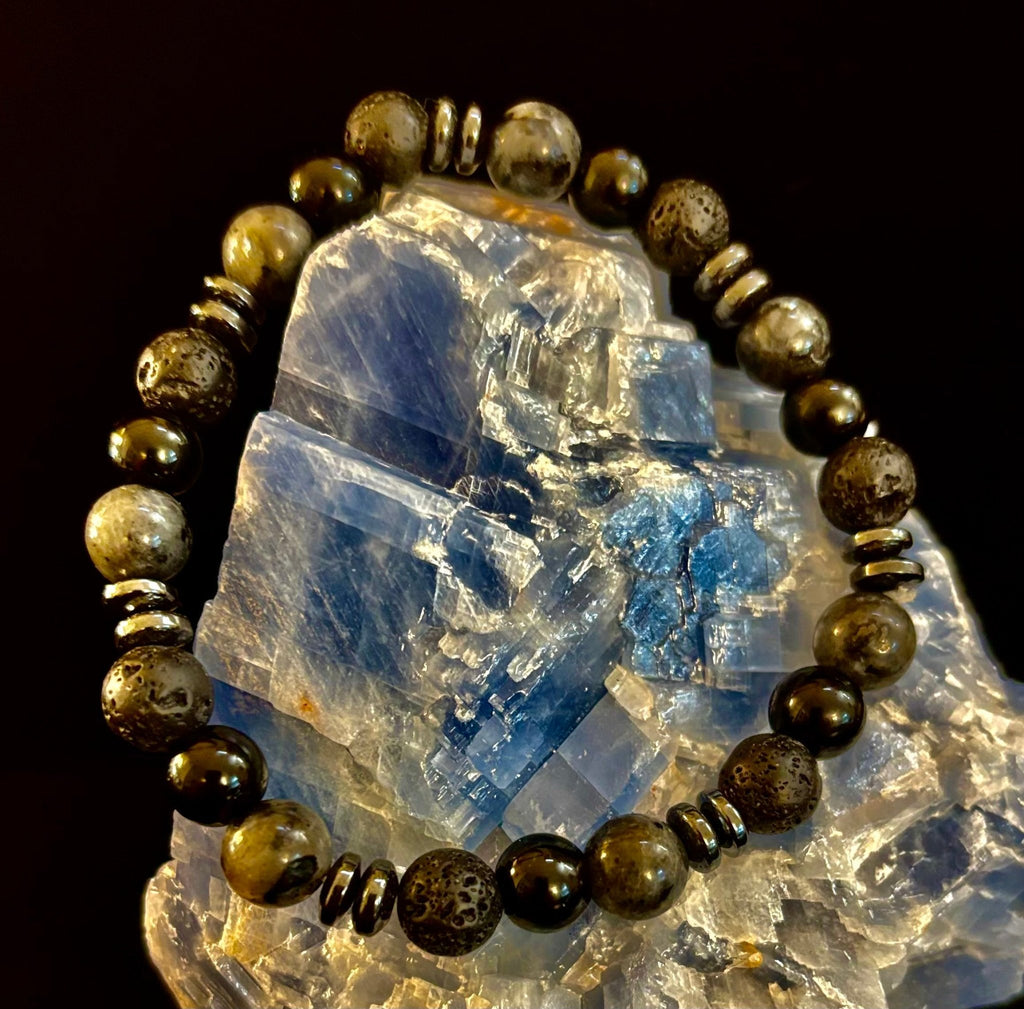 Men's Mystic Warrior Bracelet – Labradorite, Black Onyx & Lava Rock with Black Metal Spacers (Fits Large Wrists) - Che Cose Belle
