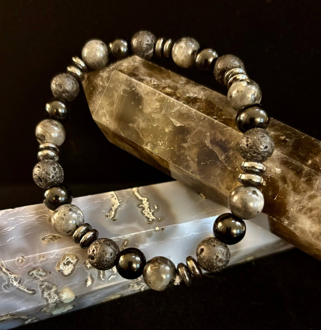 Men's Mystic Warrior Bracelet – Labradorite, Black Onyx & Lava Rock with Black Metal Spacers (Fits Large Wrists) - Che Cose Belle