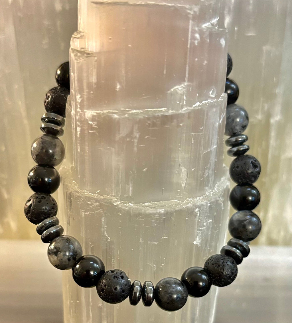 Men's Mystic Warrior Bracelet – Labradorite, Black Onyx & Lava Rock with Black Metal Spacers (Fits Large Wrists) - Che Cose Belle