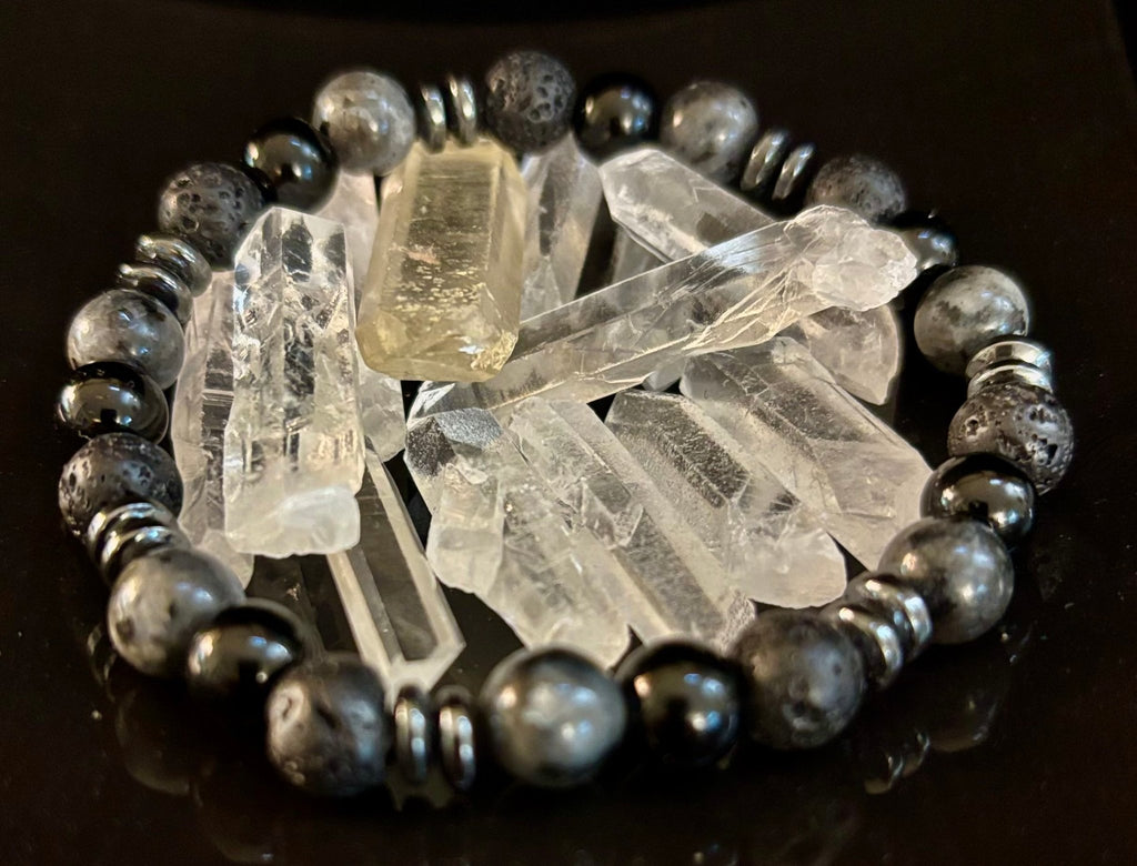 Men's Mystic Warrior Bracelet – Labradorite, Black Onyx & Lava Rock with Black Metal Spacers (Fits Large Wrists) - Che Cose Belle