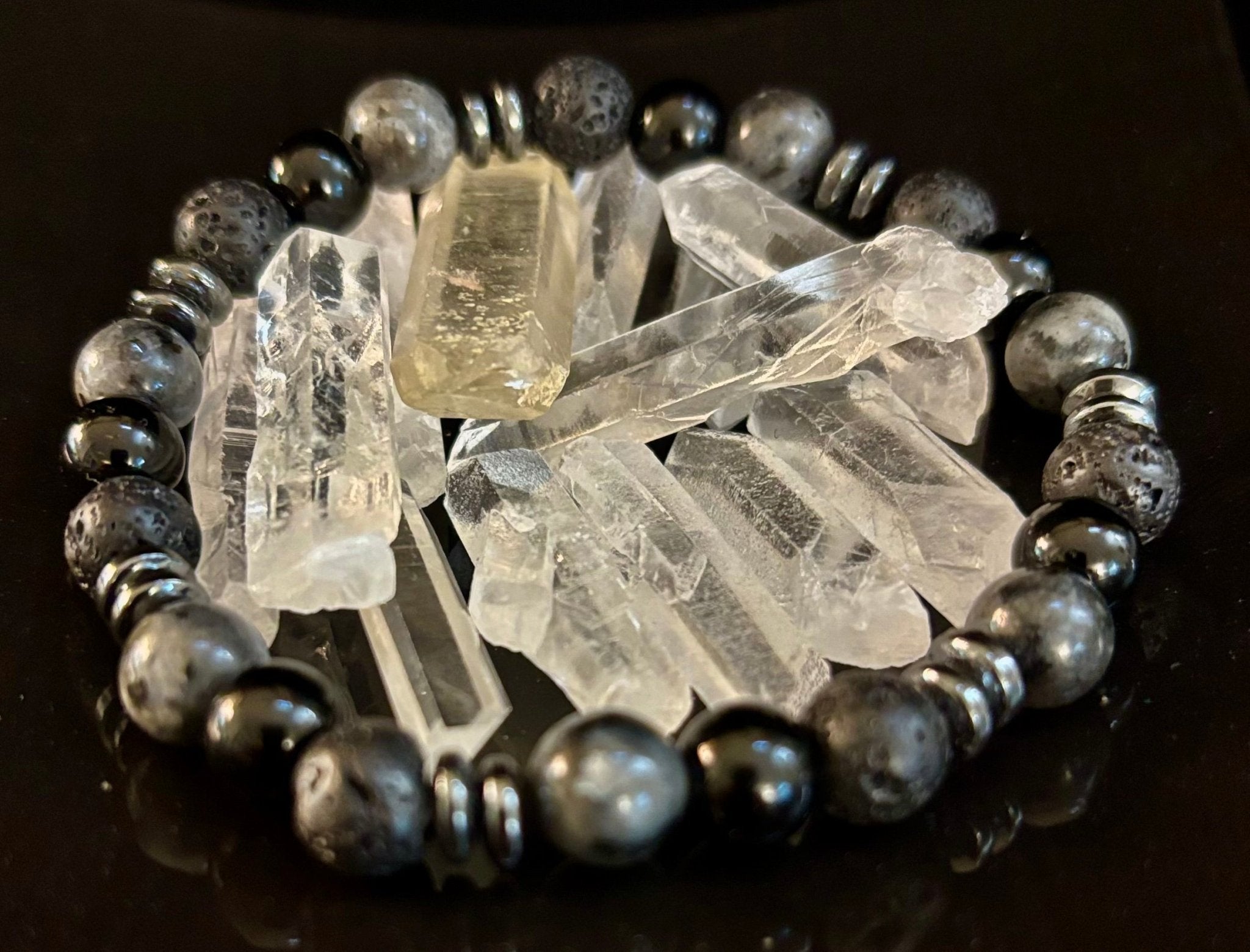 Men's Mystic Warrior Bracelet – Labradorite, Black Onyx & Lava Rock with Black Metal Spacers (Fits Large Wrists) - Che Cose Belle