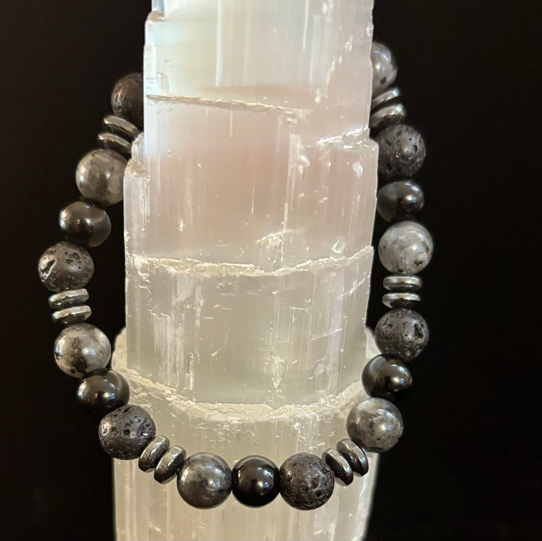 Men's Mystic Warrior Bracelet – Labradorite, Black Onyx & Lava Rock with Black Metal Spacers (Fits Large Wrists) - Che Cose Belle
