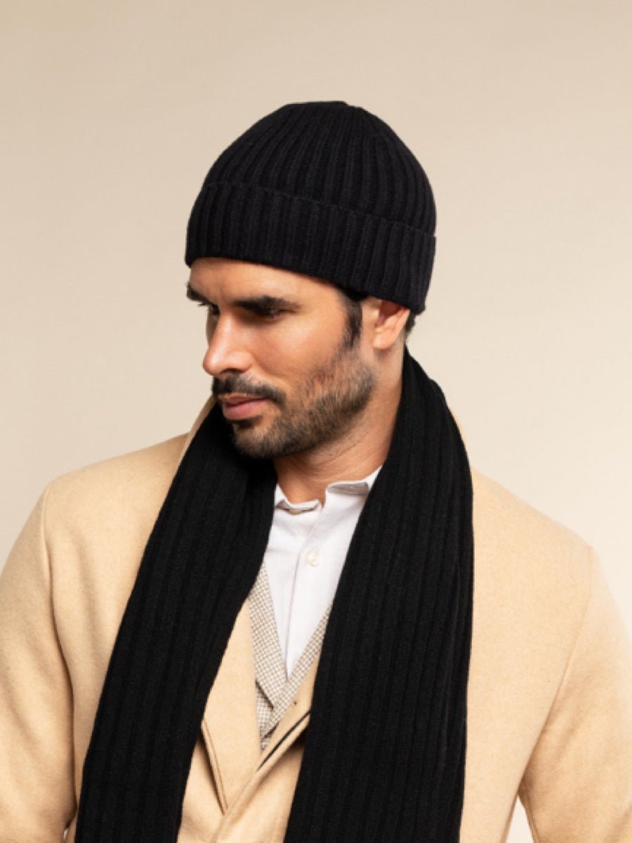 Milano (black) - Italian 100% cashmere ribbed beanie (unisex) - Che Cose Belle