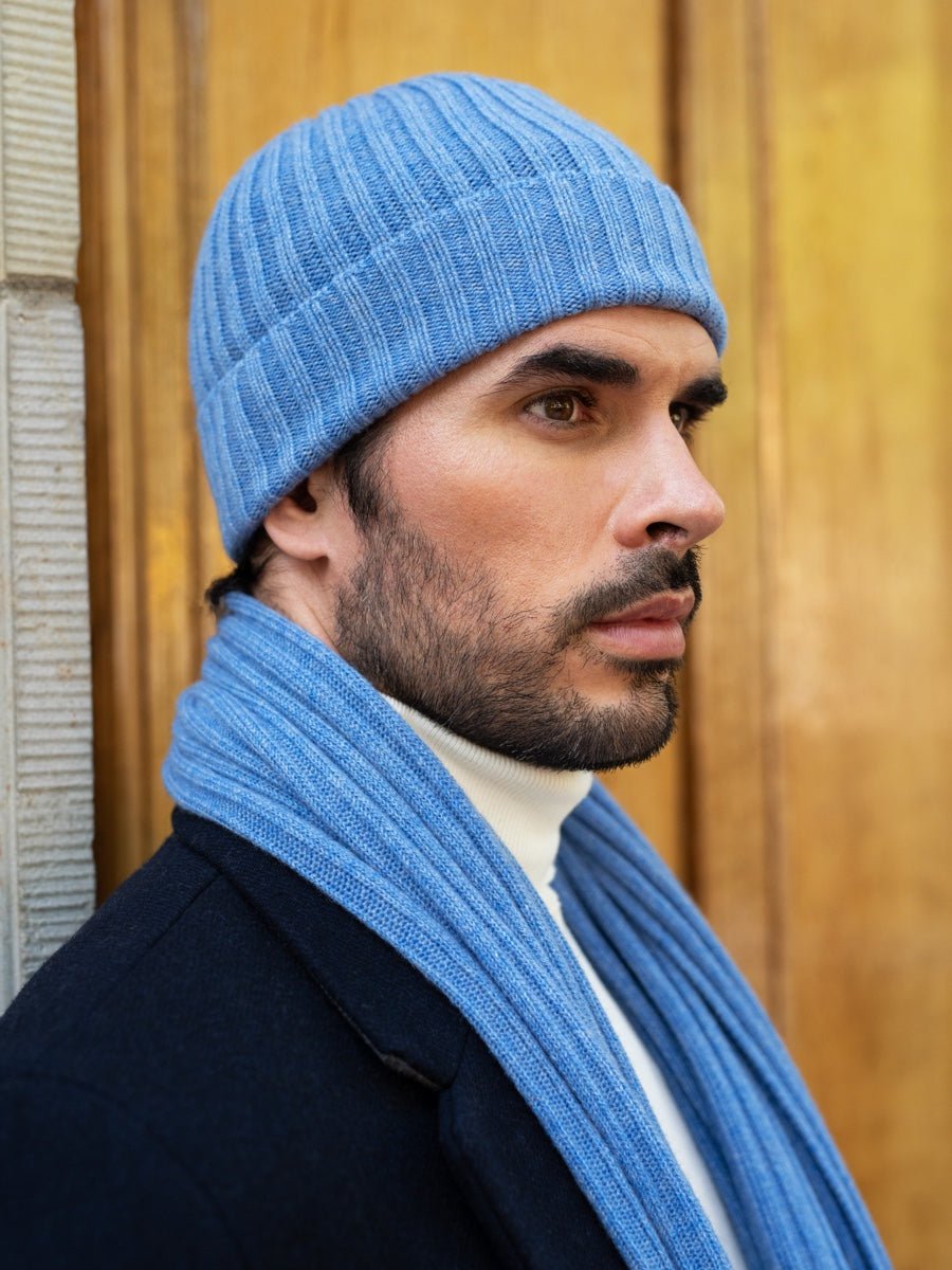 Milano (light blue) - Italian 100% cashmere ribbed beanie (unisex) - Che Cose Belle