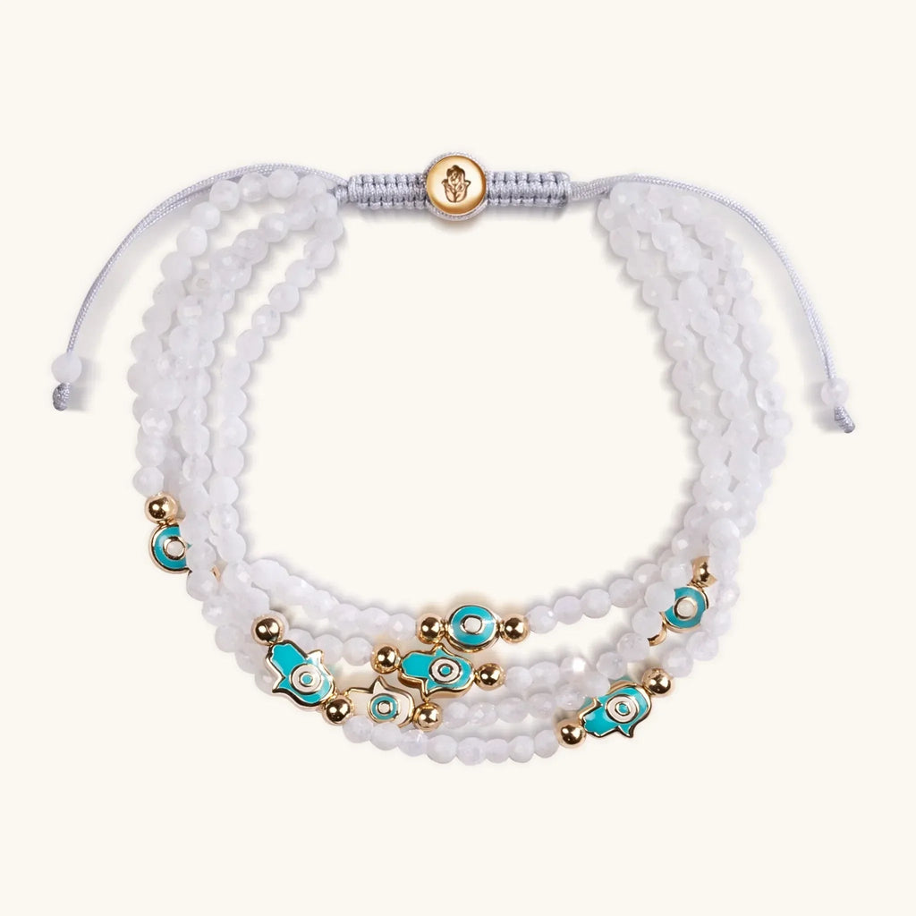 Mindful Cleanse - Moonstone Enamel Evil Eye Hamsa Bracelet - Che Cose Belle