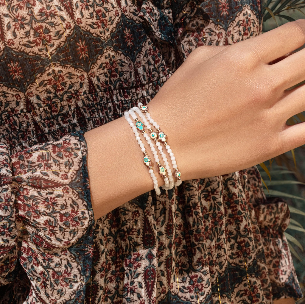 Mindful Cleanse - Moonstone Enamel Evil Eye Hamsa Bracelet - Che Cose Belle