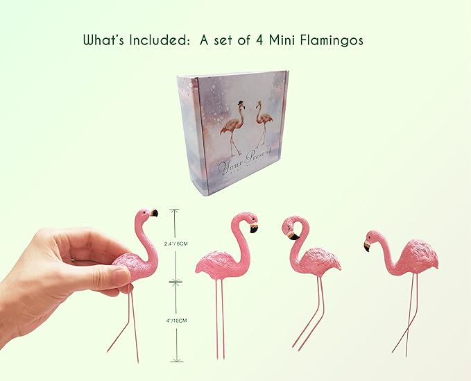 Mini Flamingos Figurines with Stakes - Set of 4 Small Flamingos Garden Gifts for Women Resin for Flower/Plant Pot Decorations - Miniature Fairy Garden - Che Cose Belle