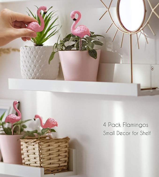 Mini Flamingos Figurines with Stakes - Set of 4 Small Flamingos Garden Gifts for Women Resin for Flower/Plant Pot Decorations - Miniature Fairy Garden - Che Cose Belle