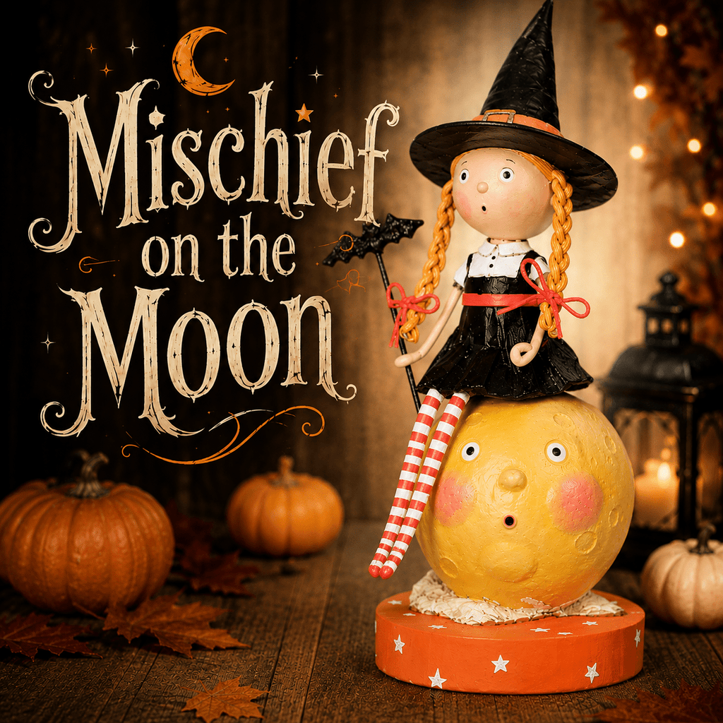Mischief on the Moon Halloween Figurine by Lori Mitchell - Che Cose Belle