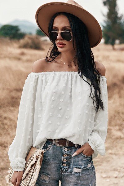 Miss Sparkling Off Shoulder Long Sleeve Dotted Top - Che Cose Belle
