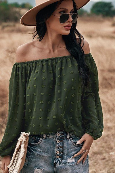 Miss Sparkling Off Shoulder Long Sleeve Dotted Top - Che Cose Belle