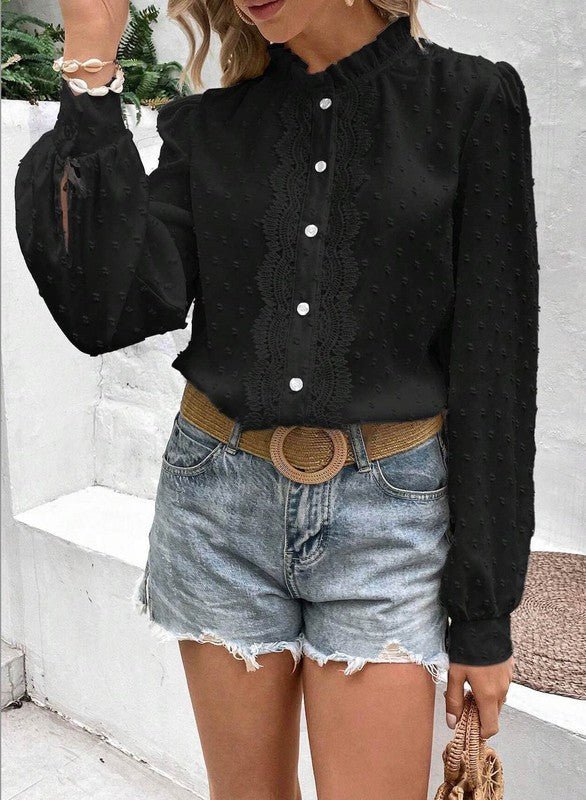 Miss Sparkling | Swiss Dot Lace Frill Neck Blouse – Vintage-Inspired Cottagecore Top - Che Cose Belle