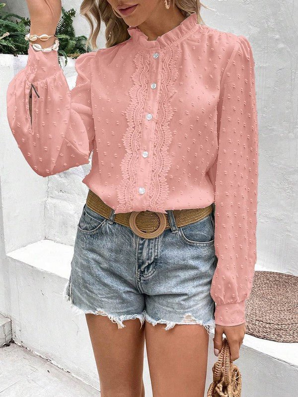 Miss Sparkling | Swiss Dot Lace Frill Neck Blouse – Vintage-Inspired Cottagecore Top - Che Cose Belle