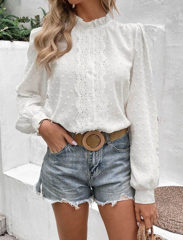 Miss Sparkling | Swiss Dot Lace Frill Neck Blouse – Vintage-Inspired Cottagecore Top - Che Cose Belle