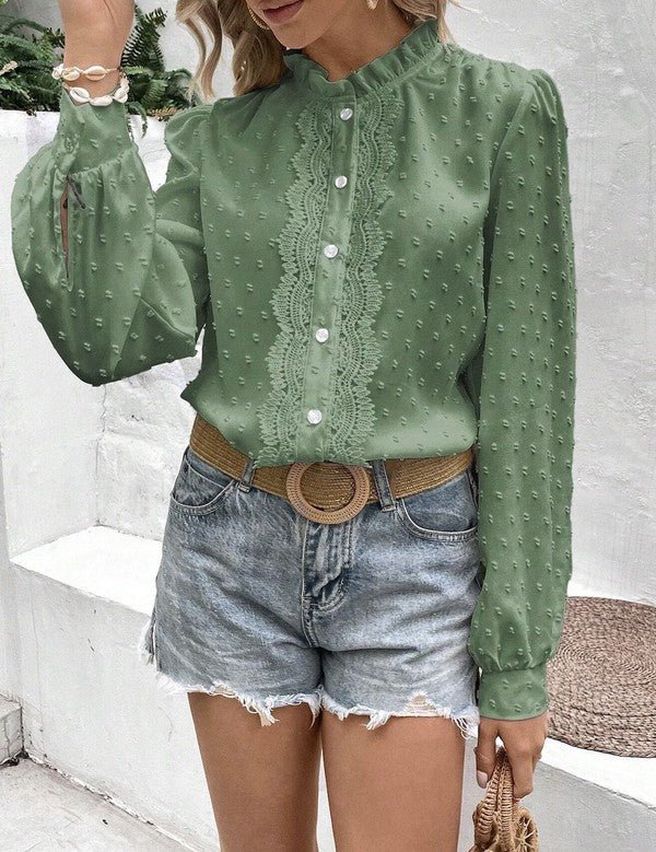 Miss Sparkling | Swiss Dot Lace Frill Neck Blouse – Vintage-Inspired Cottagecore Top - Che Cose Belle