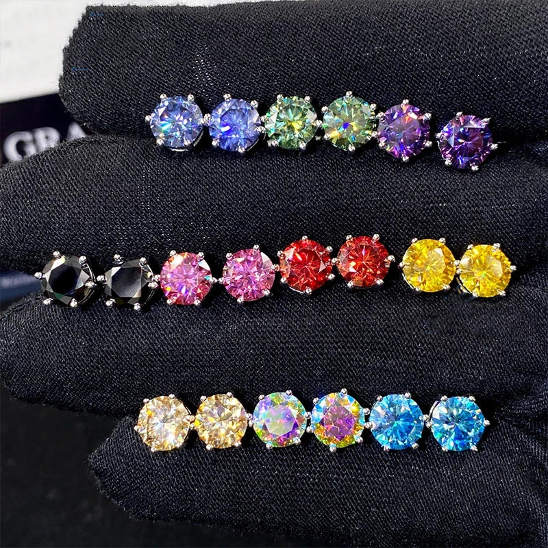 Colored Six-Prong Moissanite Stud Earrings in Sterling Silver
