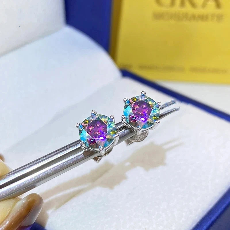 Colored Six-Prong Moissanite Stud Earrings in Sterling Silver
