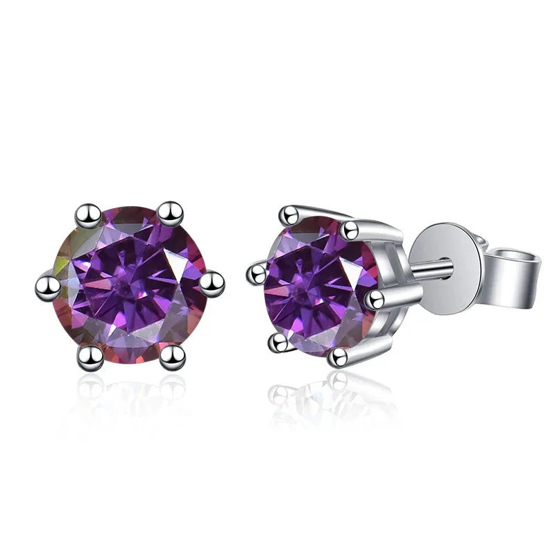 Colored Six-Prong Moissanite Stud Earrings in Sterling Silver