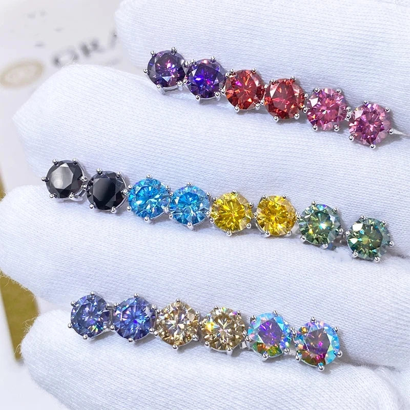 Colored Six-Prong Moissanite Stud Earrings in Sterling Silver