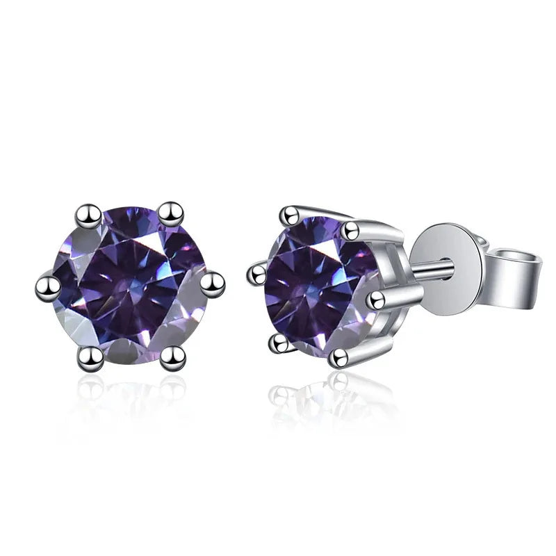 Colored Six-Prong Moissanite Stud Earrings in Sterling Silver