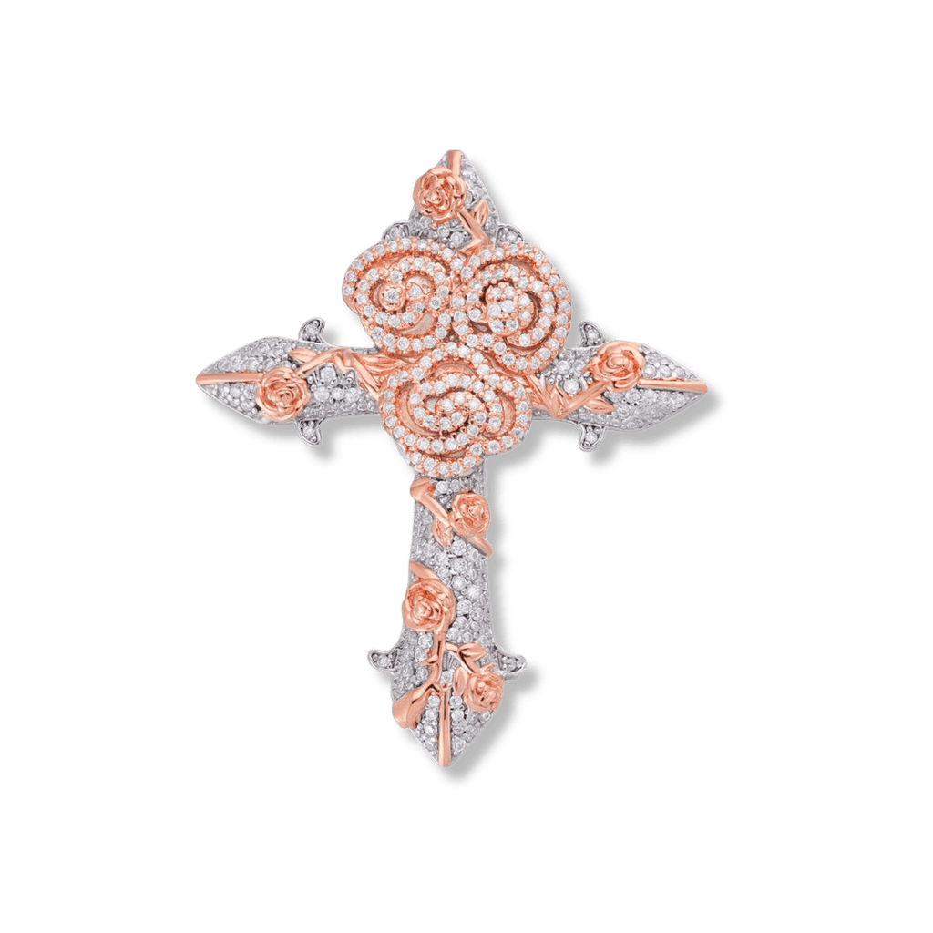 Moissanite Two Tone Rose Thorns Cross Pendant in 925 Sterling Silver - Che Cose Belle