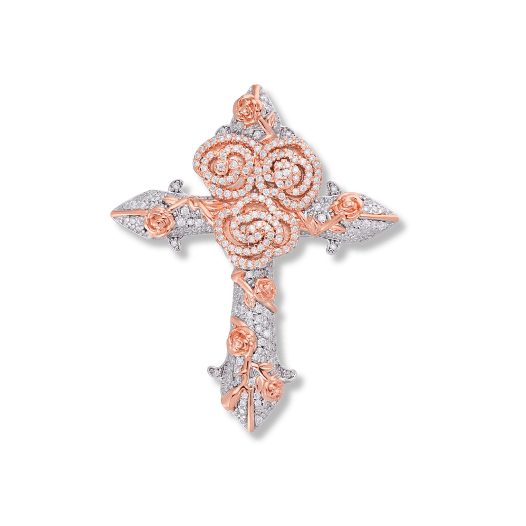 Moissanite Two Tone Rose Thorns Cross Pendant in 925 Sterling Silver - Che Cose Belle