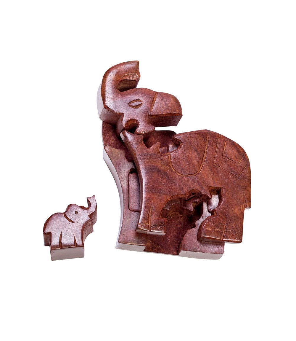 Mom and Baby Elephant Puzzle Box - Hand Carved Wood, Fair Trade - Che Cose Belle