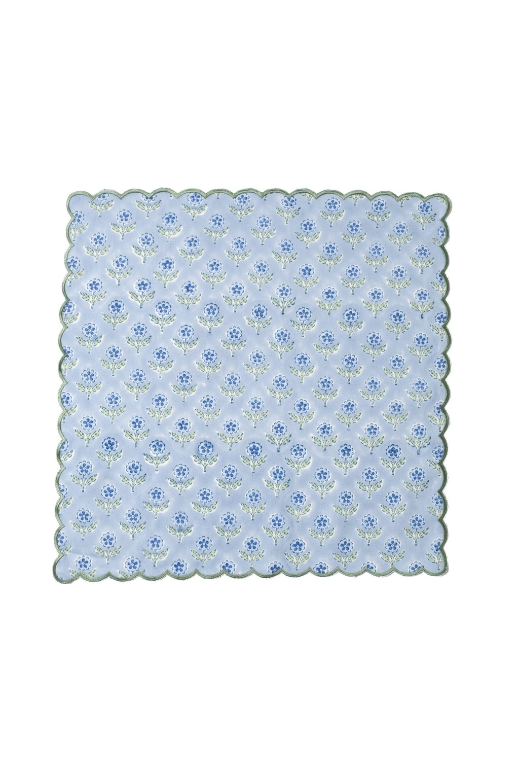 Mona Scallop Embroidered Blockprint Napkins in Blue, Set of 4 - Che Cose Belle