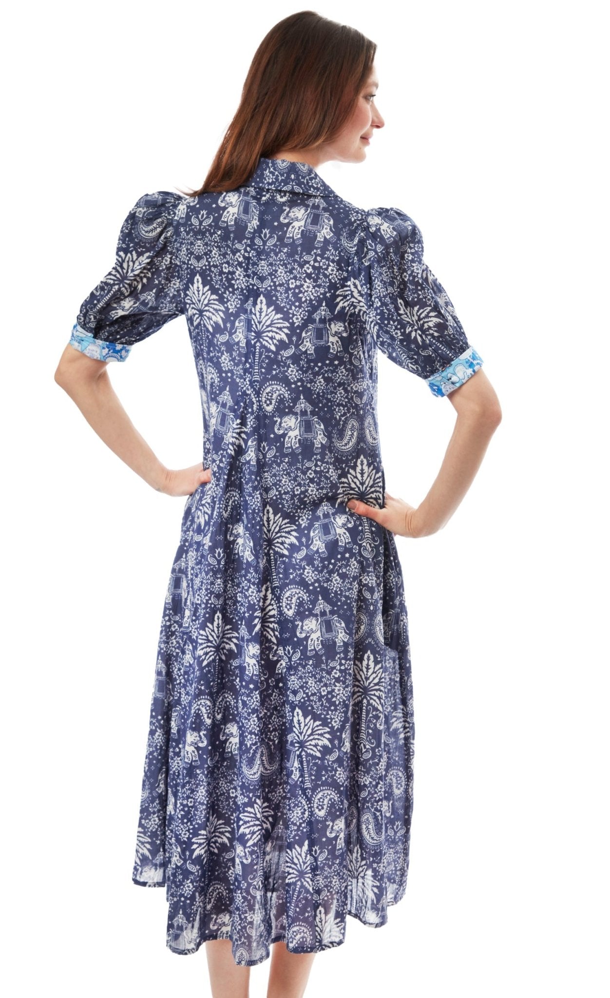 Montauk Dress Navy Elephants And Palm Trees - Che Cose Belle