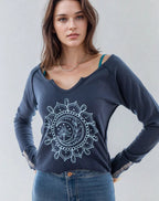 Moon Mandala Navy Cotton V - Neck - Che Cose Belle