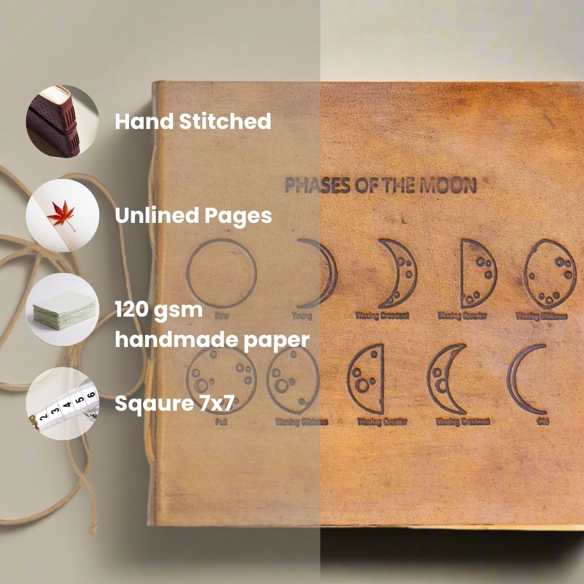 Moon Phases 7x7 Artists Embossed Leather Journal - Che Cose Belle